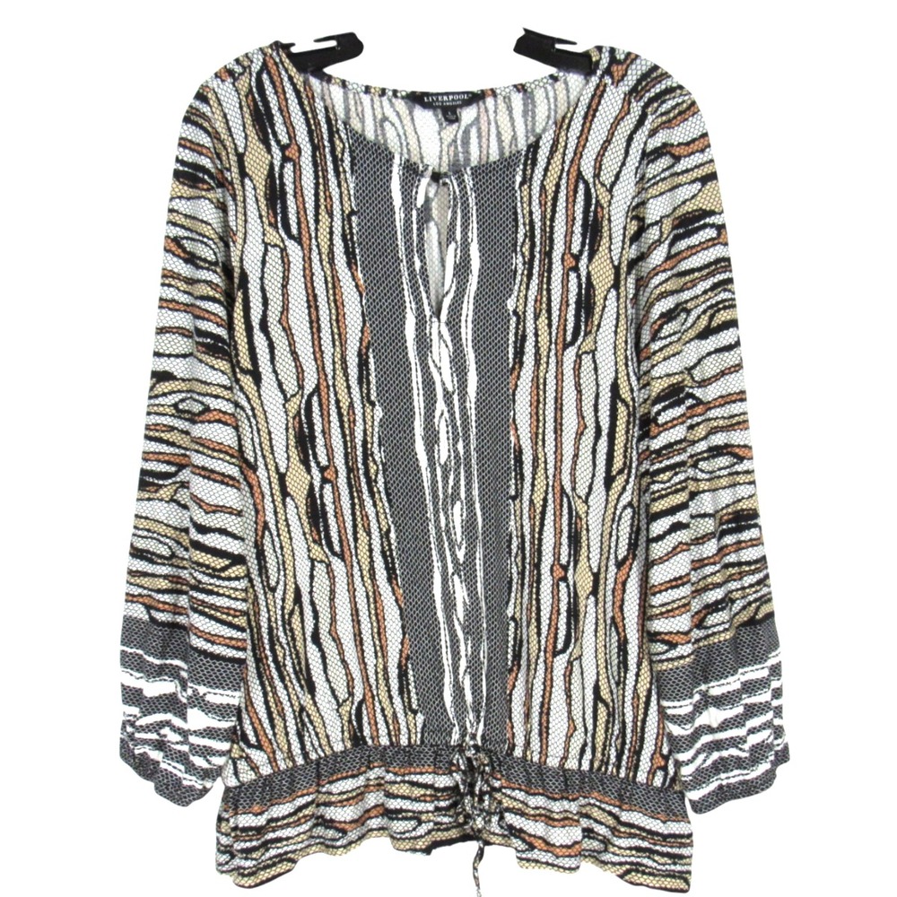 NWT LIVERPOOL LOS ANGELES Black/Multi MOD ANIMAL PRINT Tie Trim BLOUSE/TOP Sz L
